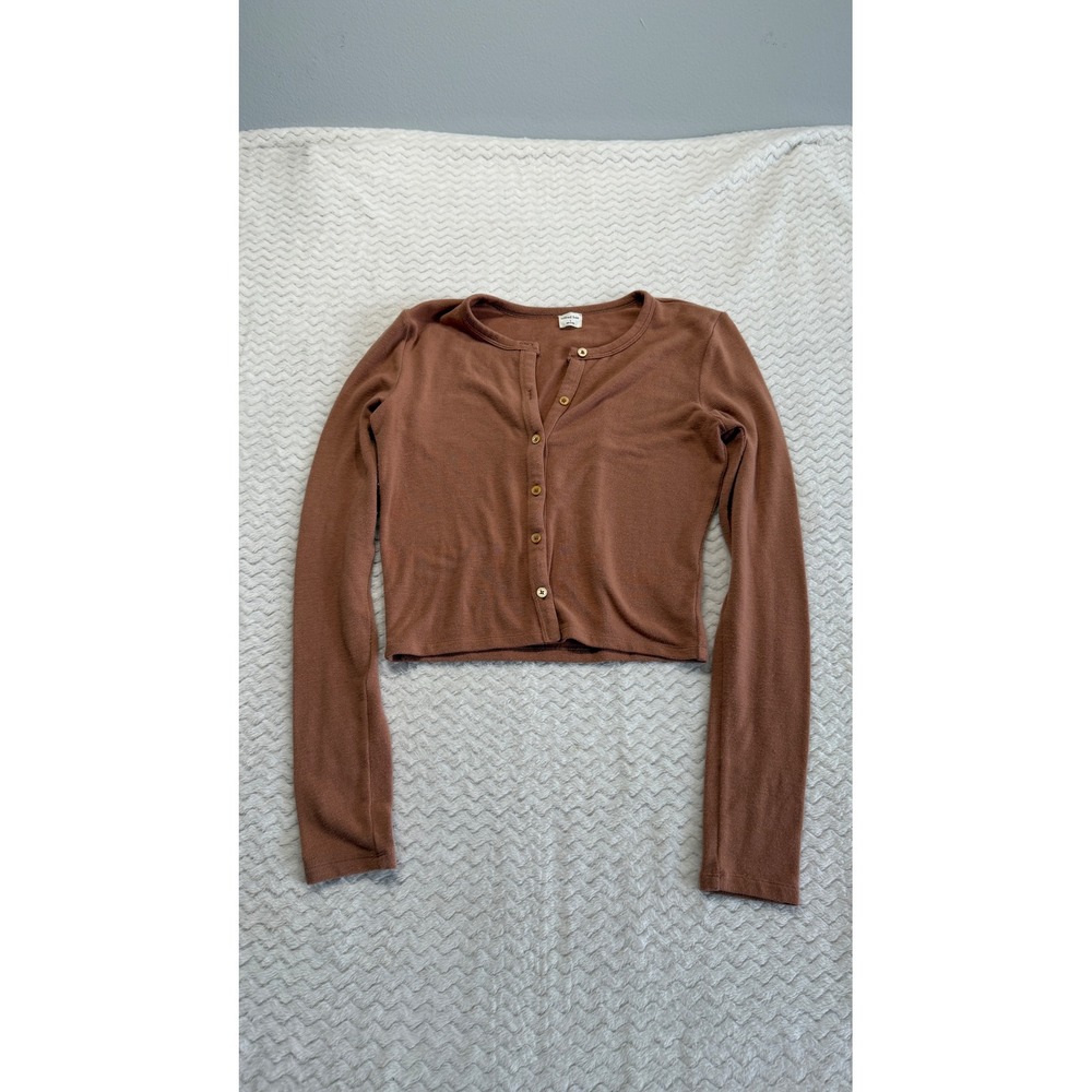 Wilfred Free Aritzia Cropped Cardigan Brown Ribbed Knit Button Front Top Small